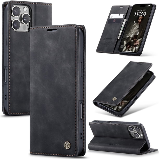 CaseMe Funda de Cuero para iPhone 16 Pro Max, Funda de Cuero Tipo Billetera con Tarjetero, Cierre Magnético, a Prueba de Golpes, Soporte, Funda Protectora para iPhone 16 Pro Max, Negro