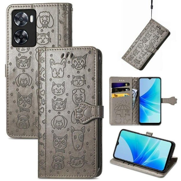 Funda Cartera FOXDOCK para OPPO A57 4G , Flip PU con Relieve de Gatos y Perros, Tarjetero y Soporte