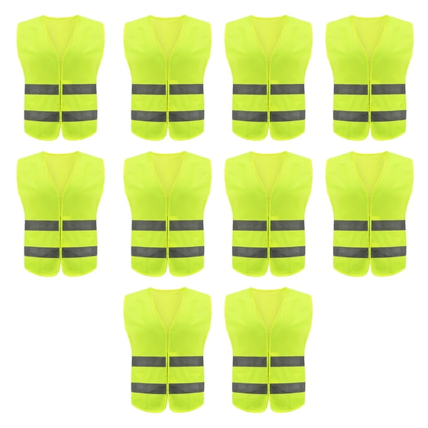 Chalecos de seguridad de alta visibilidad (paquete de 10) para tráfico, carreras, topógrafos y guardias de seguridad. Chaleco de construcción con 2 bandas reflectantes.