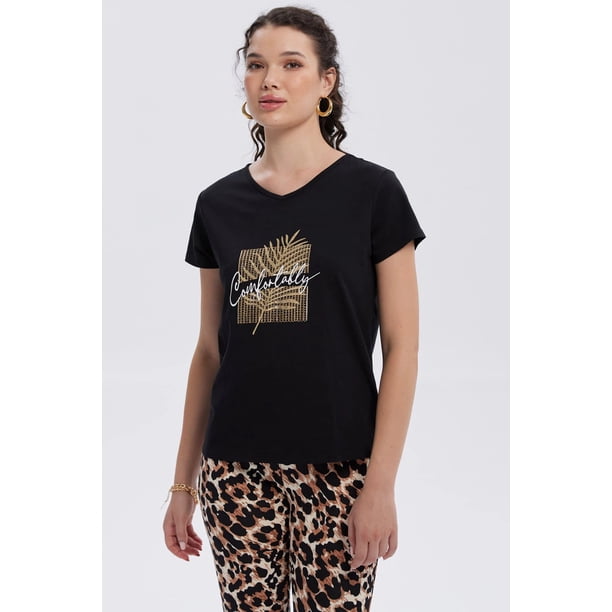 Polera Mujer Print Aplicación Folia Negro