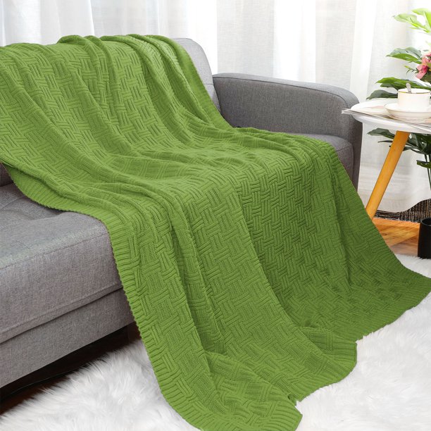 PiccoCasa Manta de Punto de Algodón 100% con Cable Cruzado para Sofá, Sillón, Cama, Ropa de Cama para el Hogar, Amarillo-Verde 47"x 70"