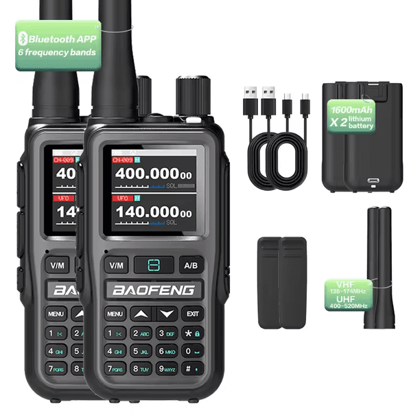 Baofeng UV 5R Mini Ham Radio Multi-Bandas Walkie Talkies Programación inalámbrica 999CH Banda de aire Radio de dos vías NOAA Policía que recibe gris(2pcs)