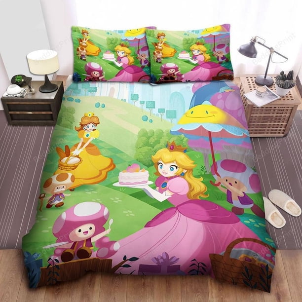 Super Mario Princess Peach Princess Daisy Having Cake Quilt Duvet Cover Set3-Piece Bedding Set