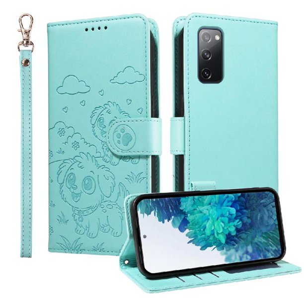 Funda Cartera para Samsung Galaxy S20 FE Perro Cachorro Grabado con Tarjetas Soporte Correa Verde