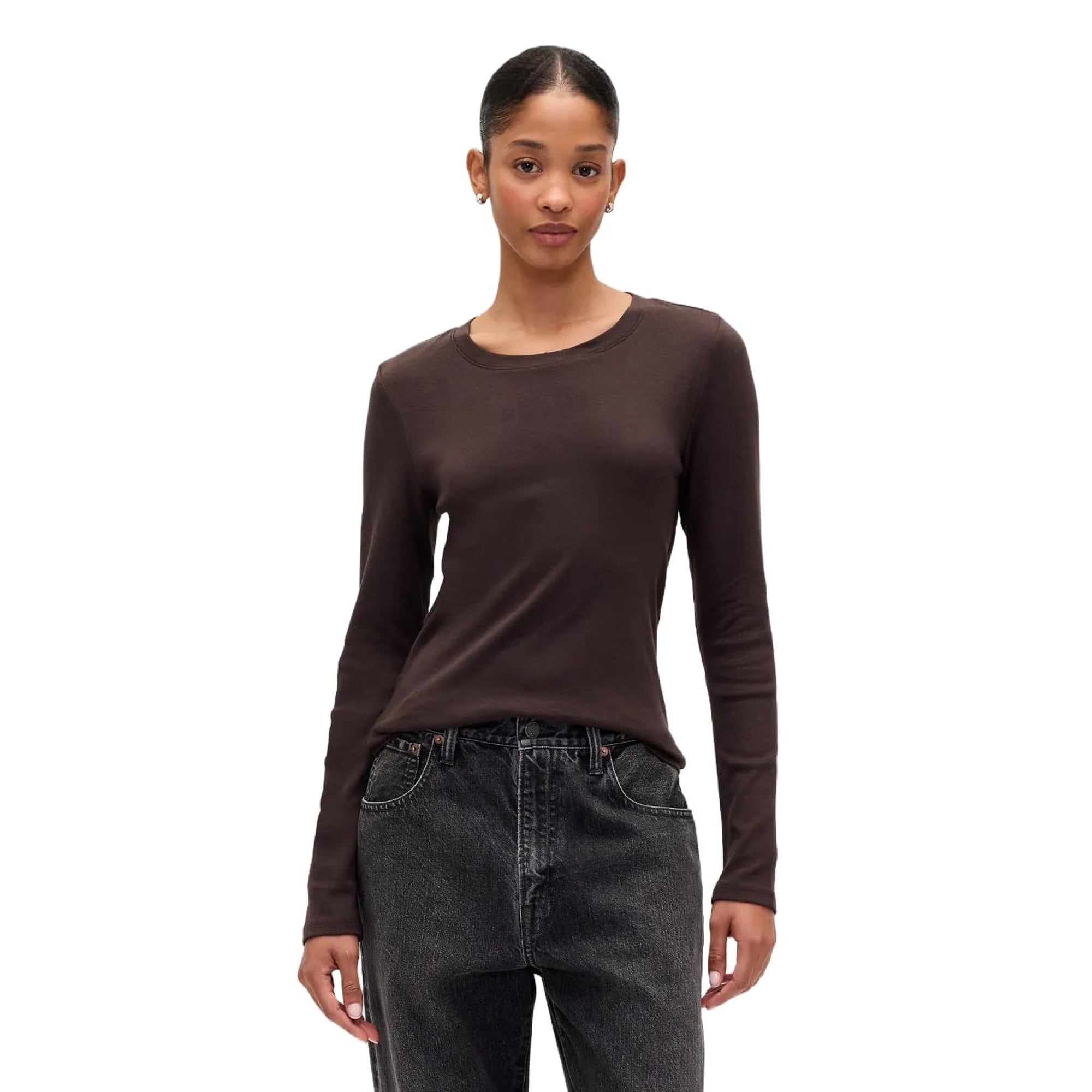 Top De Punto De Manga Larga Con Cuello Redondo Terra Brown Para Mujer Gap Xl