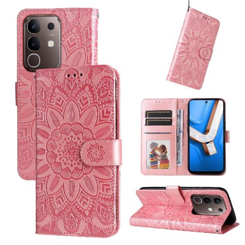 Funda Tipo Cartera Foxdock Para Vivo Y29 4G , Diseño Girasol En Relieve, Cuero Pu, Cierre Magnético, Soporte Y Tarjetero