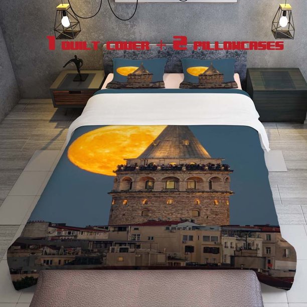 3pcs Moon and Architecture Themed Bedding Set Duvet Cover and Pillowcases