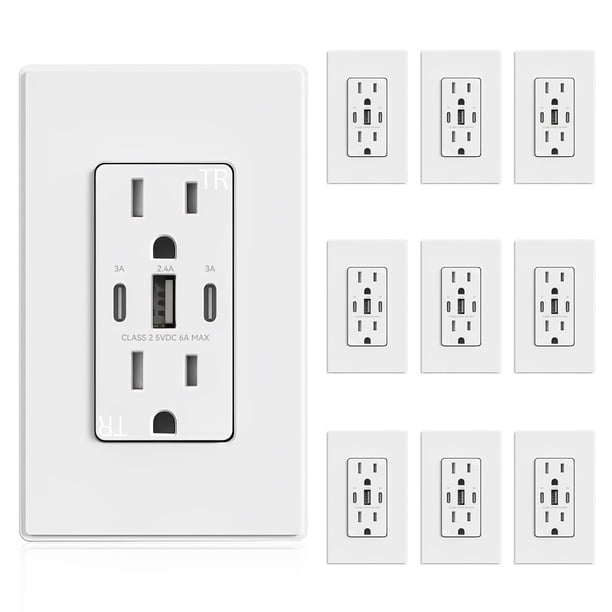 Salidas USB ELEGRP, 30 W, 6 amperios, USB C, 3 puertos, toma de pared, paquete de 10
