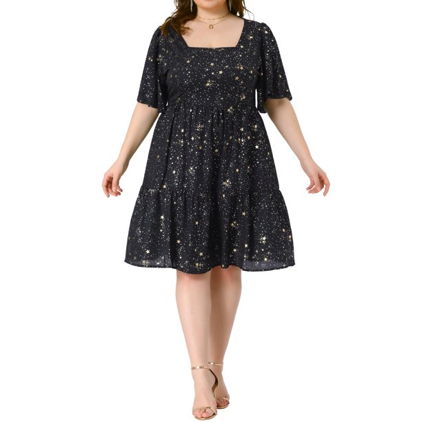 Vestidos de verano para mujer de talla grande Agnes Orinda con escote cuadrado en capas metálicas doradas, manga corta con volantes, vestido de fiesta brillante 1X negro