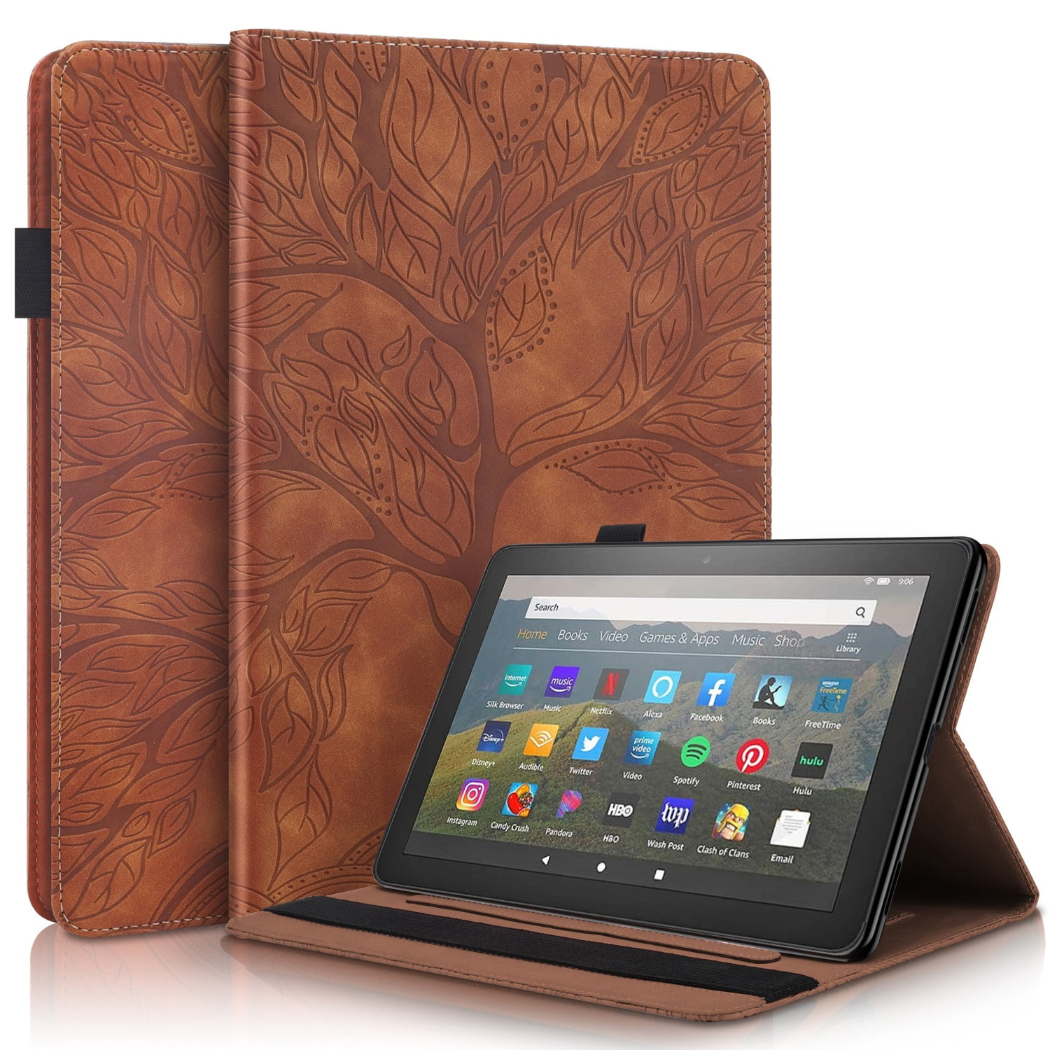Foxdock - Funda Con Relieve Del Árbol De La Vida Para Tablet Kindle Fire7(2022） Con Soporte, Ranuras Para Tarjetas Y Soporte Para Lápiz Óptico. Marrón