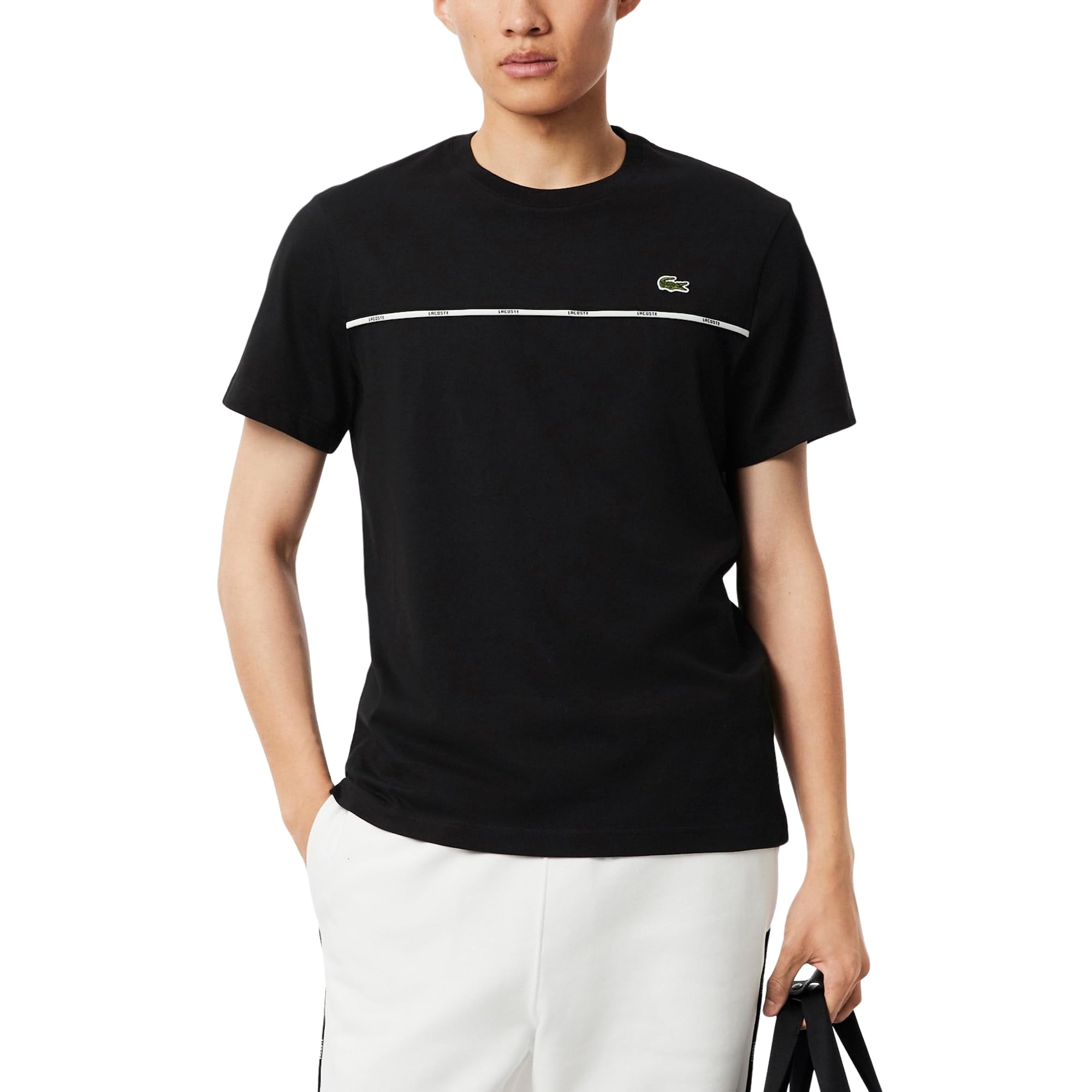 Camiseta Lacoste Para Hombre De Algodón Jersey Con Ribete, Negra, Talla Mediana