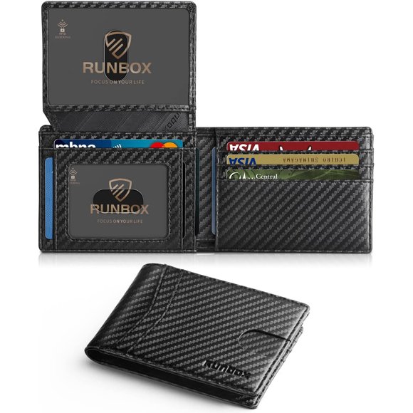 Billetera RUNBOX para hombre de cuero con bloqueo RFID, doble pliegue
