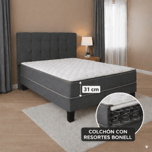 M&E - Cama 2 Plazas Base Europea + Colchón 31 Cm Resortes Bonnell + Respaldo Tapizado