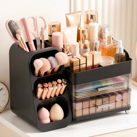 CADDY Asdbko Organizador de Maquillaje Negro con Soporte para Brochas