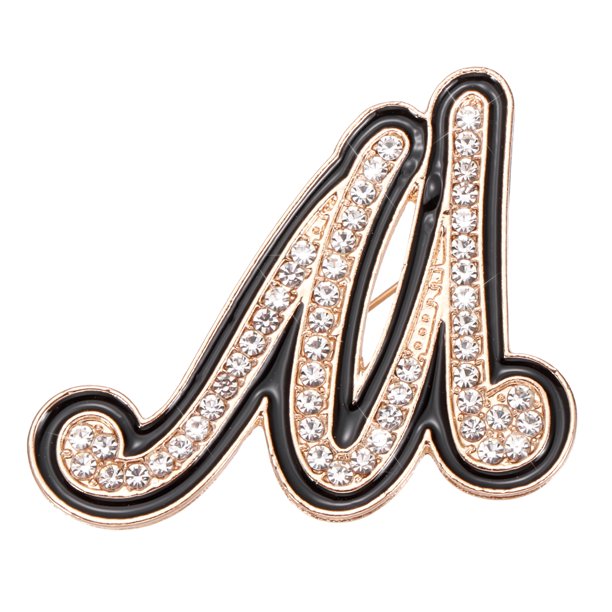 Uxcell Broches de Letras con Diamantes de Imitación, Broches de Letra Inicial M Broches de Metal Cristal Alfabeto A-Z Pin de Solapa Borde Negro para Mujeres Joyería Regalo, Tono Dorado