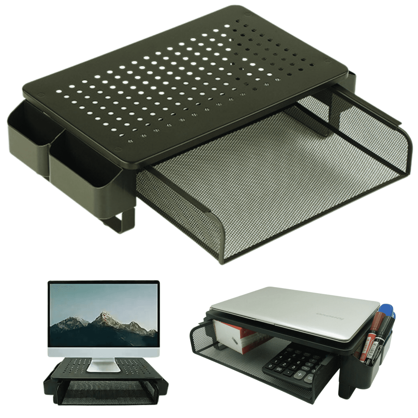 Telotenemos - Base Soporte Metálico Monitor Pc Notebook Cajón Organizador Negro