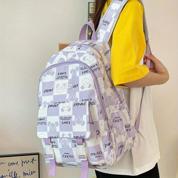Cartoon Animal Print Laptop Backpack, Kawaii Nylon Travel Daypack, Preppy Laptop Schoolbag For Students