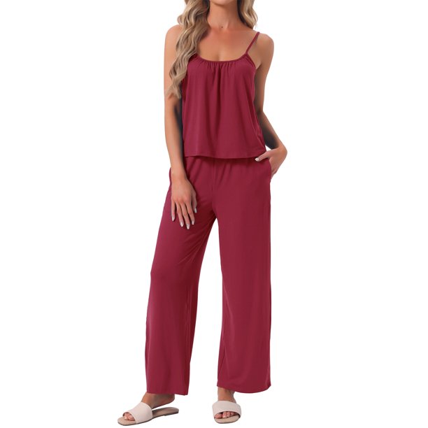 INSPIRE CHIC Conjunto de Pijama para Mujer Top de Tirantes Plisado y Pantalones Tejido Elástico Suave Verano 2026 Conjuntos de Descanso con Bolsillos XL Rojo