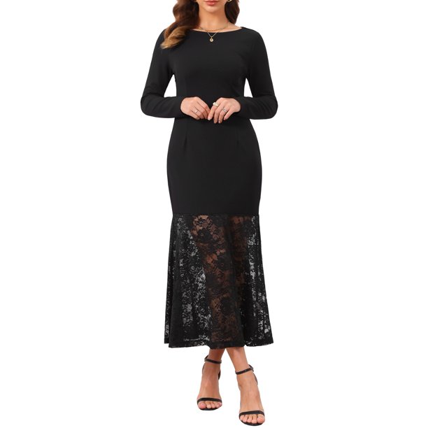 INSPIRE CHIC Vestido de Encaje para Mujer Formal Cola de Sirena Cuello Barco Manga Larga Invitada de Boda Vestido de Noche XL Negro