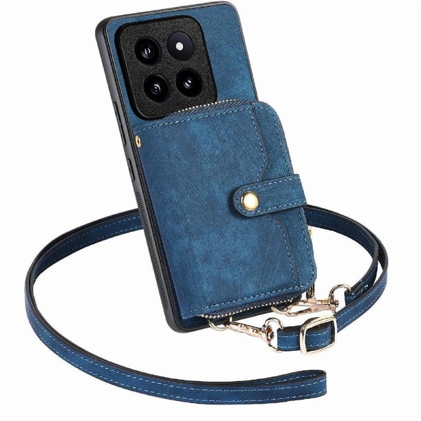 Funda Tipo Cartera con Correa Cruzada para Xiaomi 14 Pro Protección Contra Golpes Azul