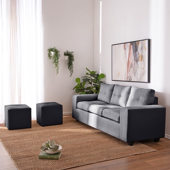 Sofá 3 cuerpos + 2 Pouf Lucca Tela-PU Gris