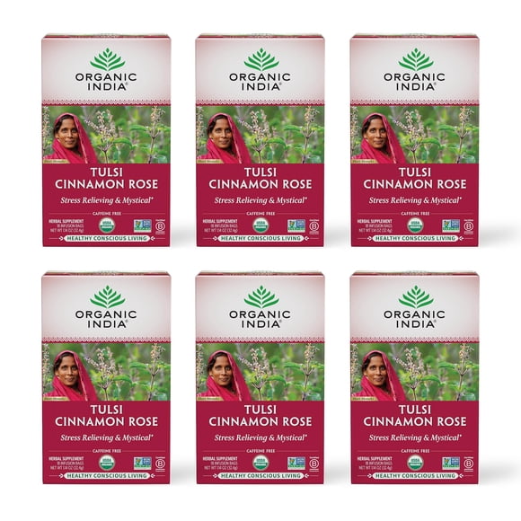 Tea Organic India, Tulsi, canela y rosa, sin cafeína, paquete de 6