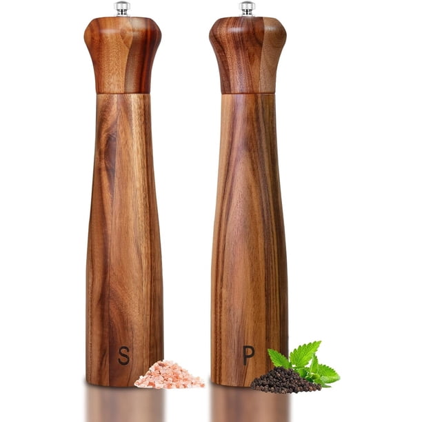 Haomacro Set de 2 molinillos de sal y pimienta de madera de acacia de 10 pulgadas