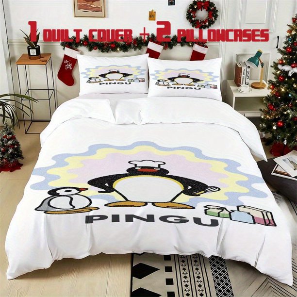 3pcs Cute Penguin Printed Bedding Set Soft Duvet Cover with 2 Pillowcases All Season Comfort