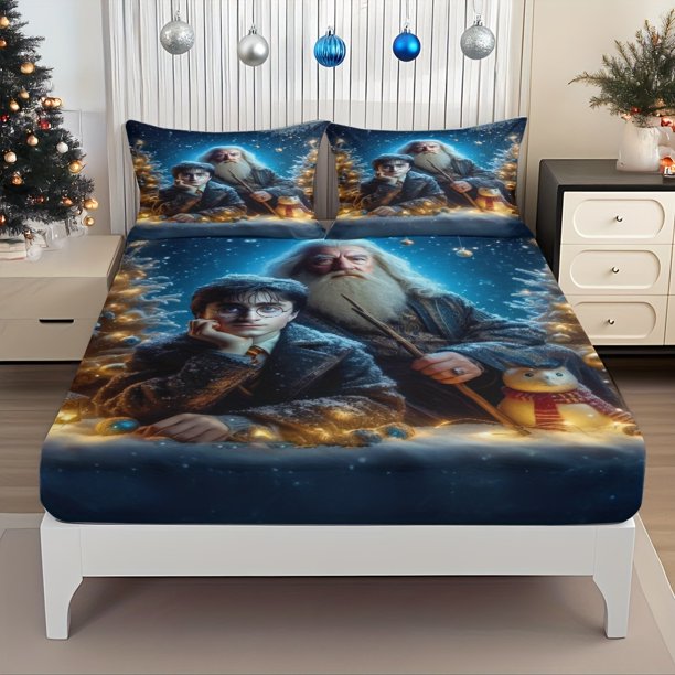 This Fitted Sheet Set Depicts a Magical Academy with Students And Teachers Enjoying a Snowy Night A Christmas Tree And Owl Adorn The Cozy Scene The Set Includes