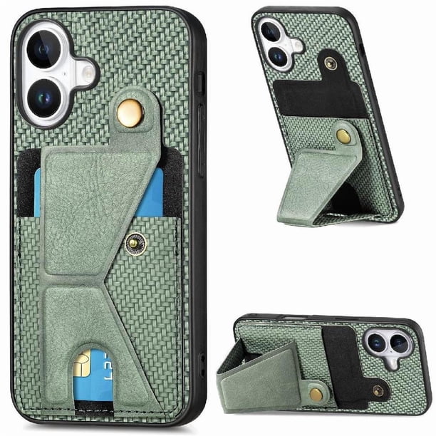 Funda Resistente para iPhone 16 con Tarjetero y Soporte, Diseño Magnético Verde