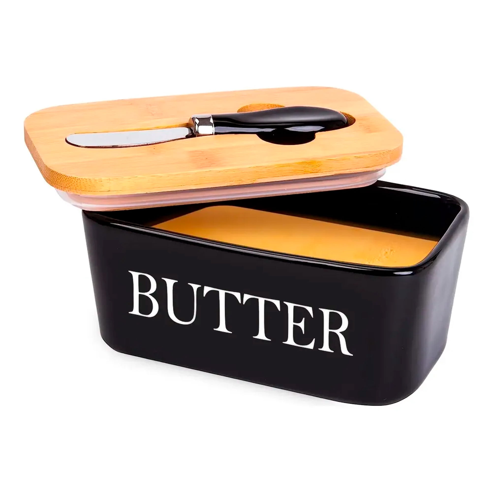 Mgm Importaciones - Mantequillero De Cerámica Con Tapa Bamboo + Cuchillo Color Negro 600 Ml