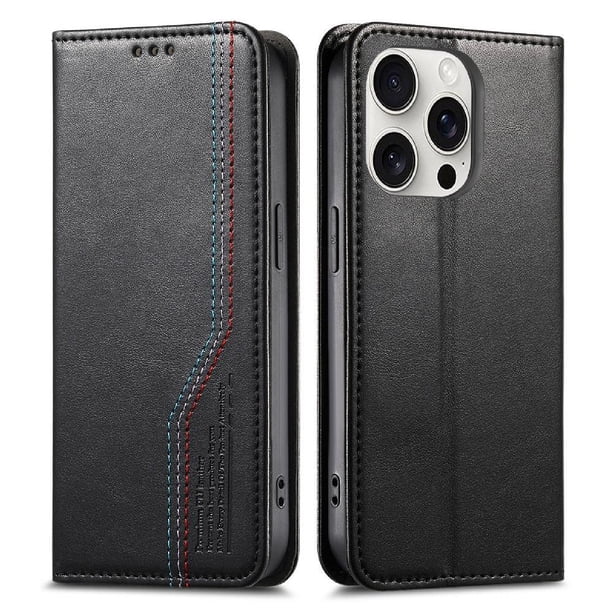 Funda tipo cartera para iPhone 16 Pro Max de piel con cierre magnético, ranuras para tarjetas y correa para la muñeca Negro
