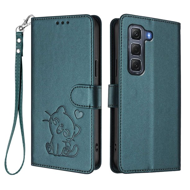 Infinix HOT 60 PRO 4G Funda Billetera con Estampado de Gato, Verde Oscuro