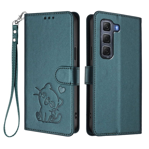 Infinix HOT 60 PRO 4G Funda Billetera con Estampado de Gato, Verde Oscuro