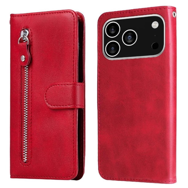 Funda tipo cartera para iPhone 17 Pro con bolsillo con cremallera y ranuras para tarjetas – Función de soporte Rojo