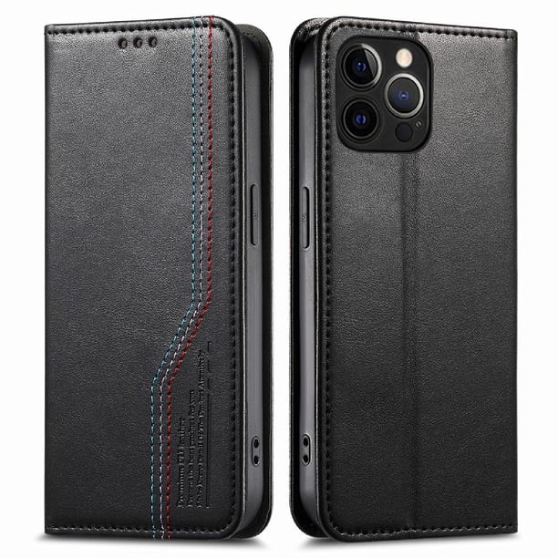 Funda tipo cartera para iPhone 15 Pro Max de piel con cierre magnético, ranuras para tarjetas y correa para la muñeca Negro