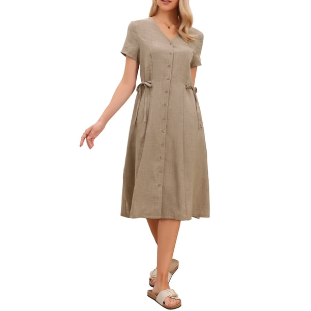 INSPIRE CHIC Vestido Casual de Verano para Mujer con Botones, Cuello en V, Manga Corta, Trabajo, Línea A, Vestido Midi M Caqui