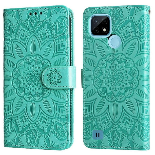 Funda tipo cartera FOXDOCK para Realme C25Y , diseño girasol en relieve, cuero PU, cierre magnético, soporte y tarjetero