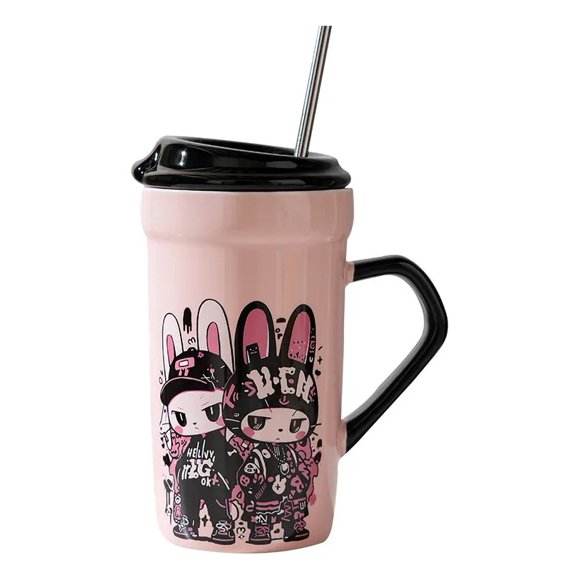 Mug De Cerámica, Con Tapa Y Bombilla, Kawaii 470 Ml