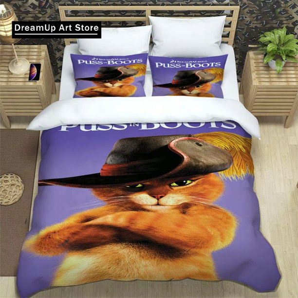 P-Puss in Boots Bedding Set Boys Girls Duvet Cover Pillowcase Bed Adult Bedroom