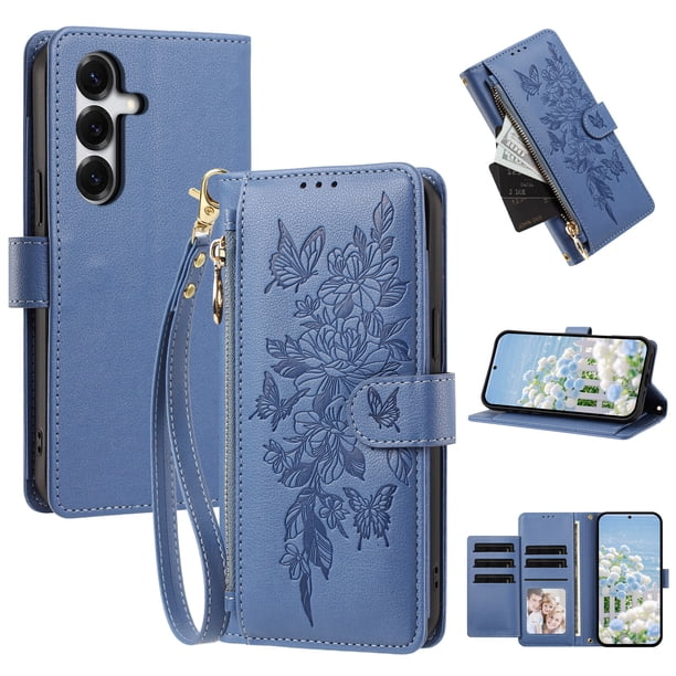 Funda Billetera Floral en Relieve samsung galaxy S26 FE con Tarjetero y Cremallera Azul