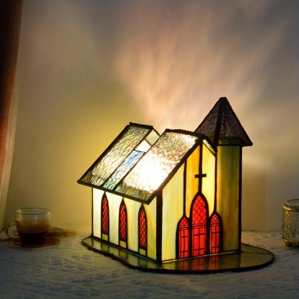 Colorful Glass Handicrafts Creative Retro Small House Art Bedside Night Light Gift Light Bar Restaurant Light Church Table Lamp