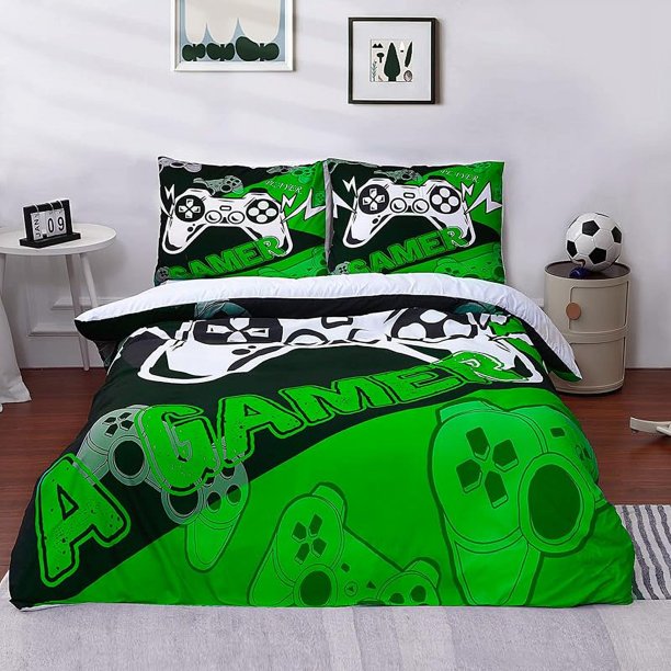 Boys -Gamer- Duve-t Cover- Set 3 Pieces T-win G-ame Pl-ayer W-hite Bedd-ing Sets- with 1- Duvet- Cover 2 Pillowcases