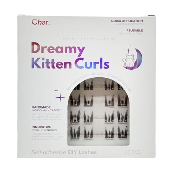 Char. Pestañas autoadhesivas Dreamy Kitten Curls, resistentes al sudor, 36 unidades
