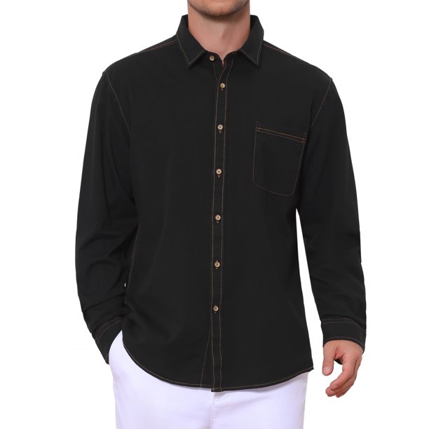 Camisa de mezclilla al aire libre de manga larga con bolsillo en el pecho para hombre L Negro