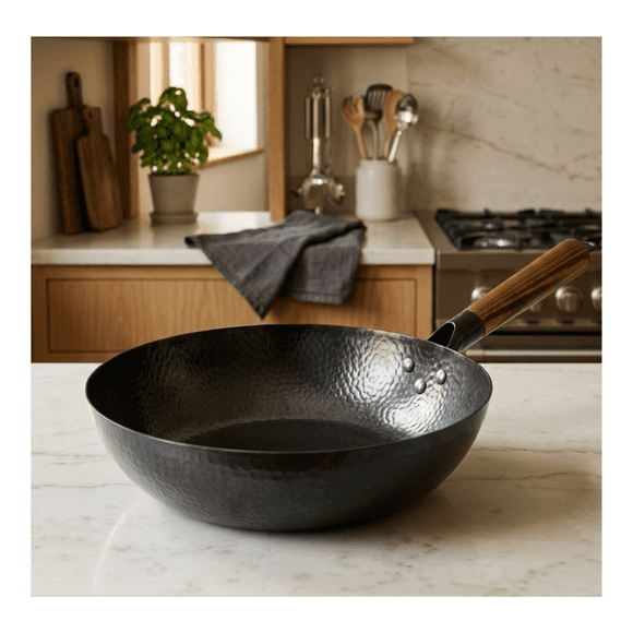 Wok De Cocina Tradicional Acero Martillado Mango De Madera