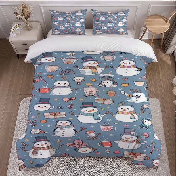 Snowman Warm Winter Picture Printed Duvet Cover Set Themed Bedding Three-Piece Set