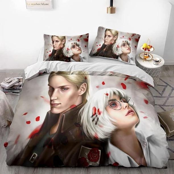 At-tack -on Gia-nt Anime Soft- -3D Prin-ted Du-vet Cove-r Bedding Se-t with Comforte-r Cover 3- Piece Set