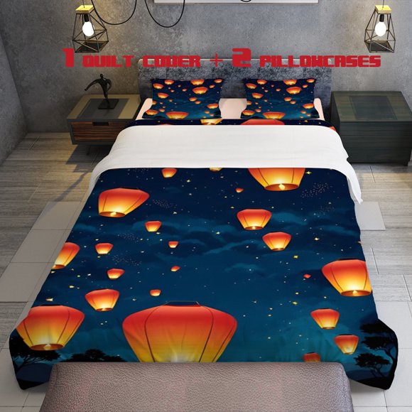 3pcs Lantern Theme Printed Three Piece Bedding Set Soft Quilt Cover And Two Pillowcases