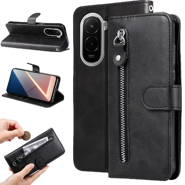 Funda con Cremallera para Xiaomi Poco M7 4G, Carcasa Cartera de Cuero PU con Soporte y Tarjetero